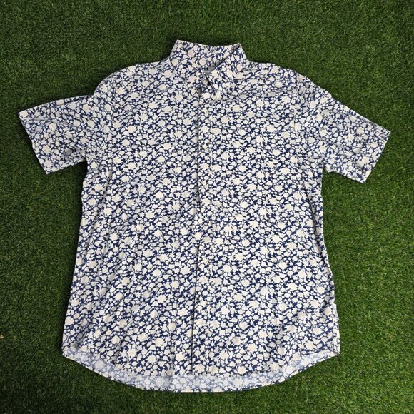 CHAPS Shirt Mens XL Blue White Abstract Floral Button‎ Up Linen Cotton Blend - Picture 1 of 10